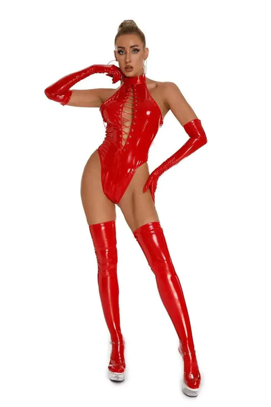 Latex Catsuit Damen – Wetlook PVC Bodysuit mit Schnürung - Erofantasy