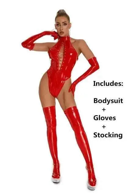 Latex Catsuit Damen – Wetlook PVC Bodysuit mit Schnürung - Erofantasy