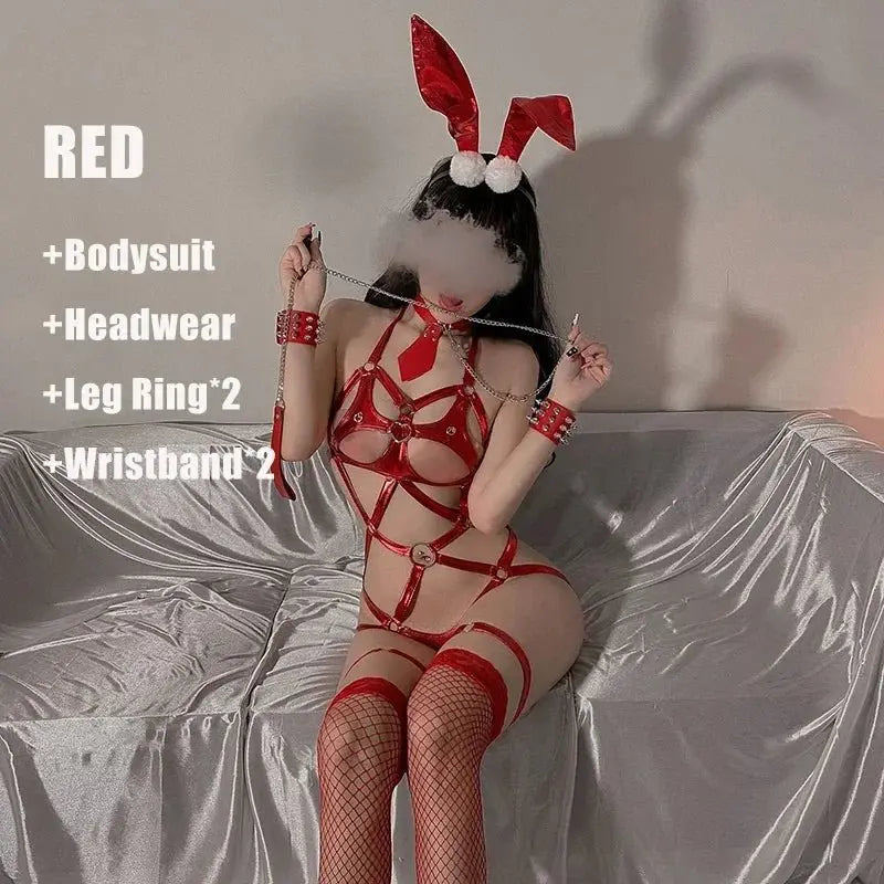 Bunny Girl Bodysuit – PU Leder Bondage Cosplay mit Haarreif - Erofantasy