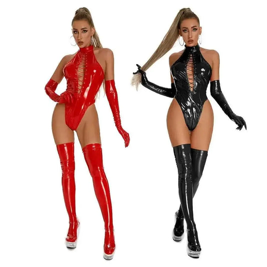 Latex Catsuit Damen – Wetlook PVC Bodysuit mit Schnürung - Erofantasy