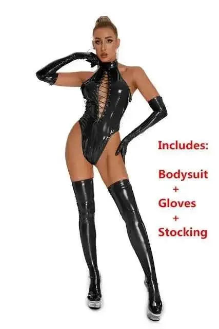 Latex Catsuit Damen – Wetlook PVC Bodysuit mit Schnürung - Erofantasy