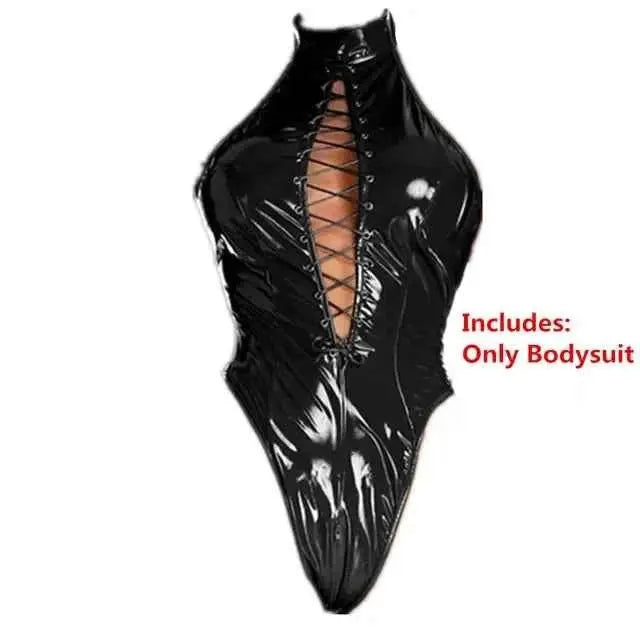 Latex Catsuit Damen – Wetlook PVC Bodysuit mit Schnürung - Erofantasy