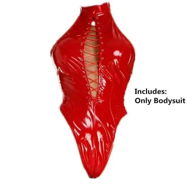 Latex Catsuit Damen – Wetlook PVC Bodysuit mit Schnürung - Erofantasy