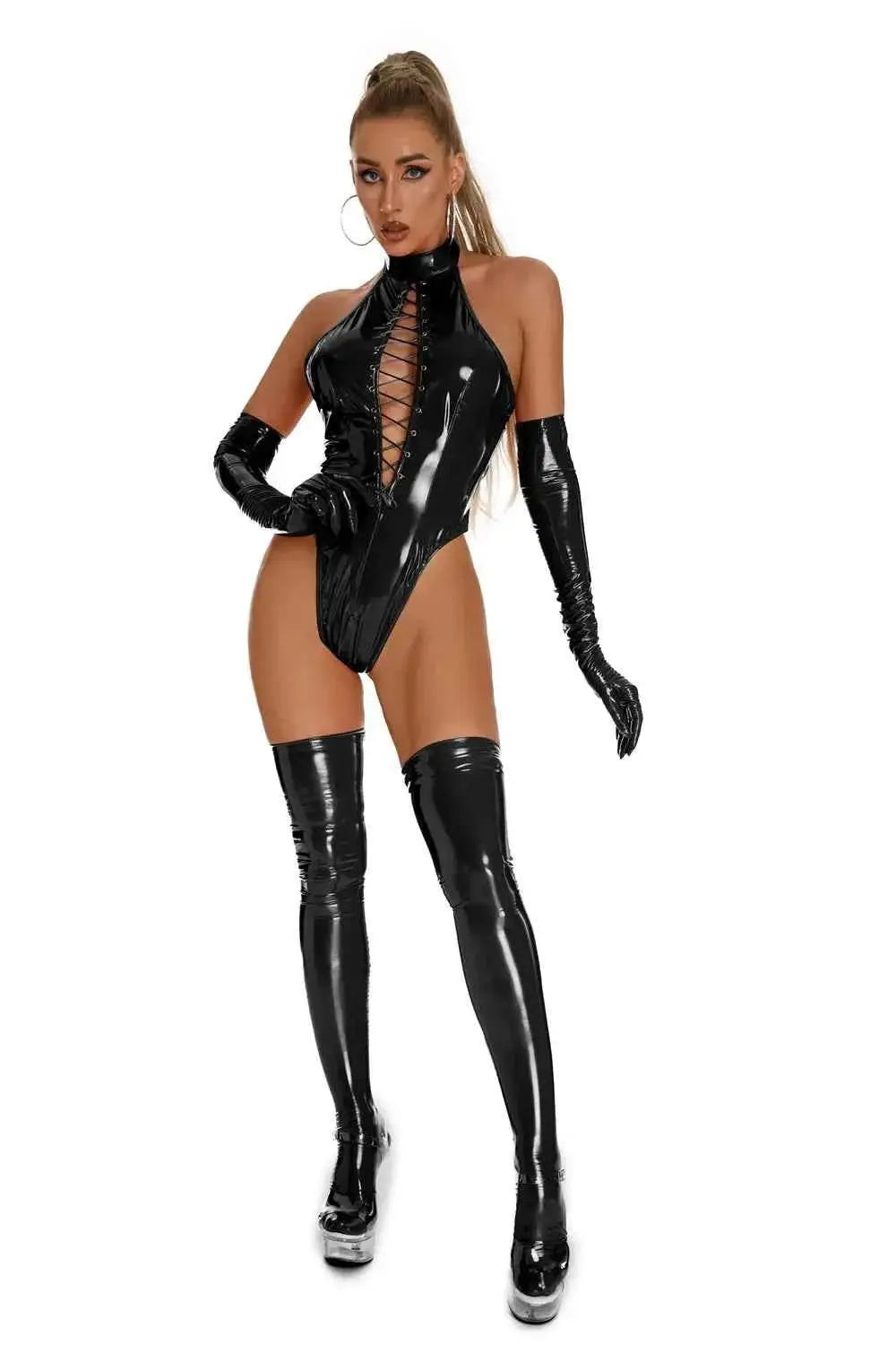 Latex Catsuit Damen – Wetlook PVC Bodysuit mit Schnürung - Erofantasy