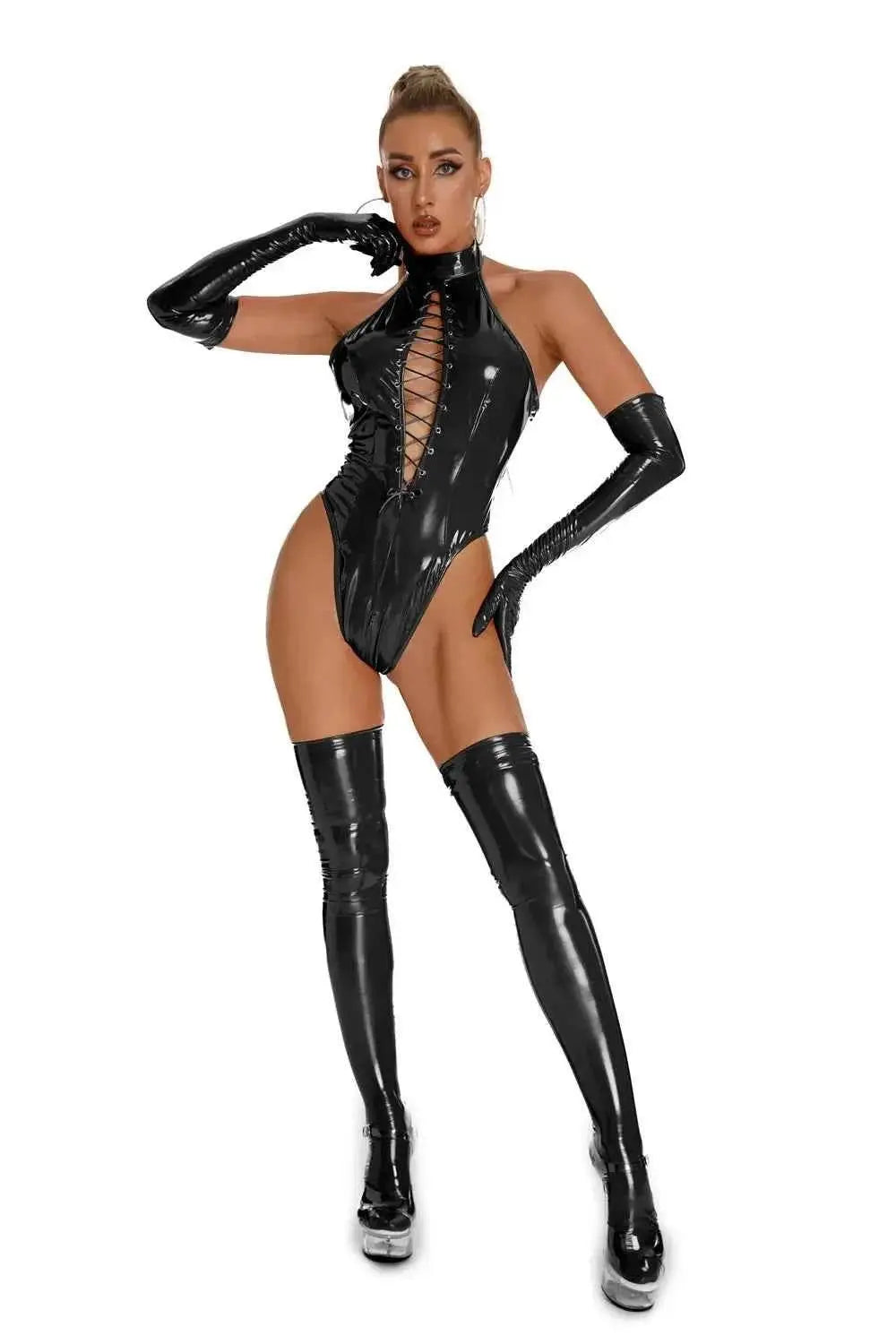 Latex Catsuit Damen – Wetlook PVC Bodysuit mit Schnürung - Erofantasy