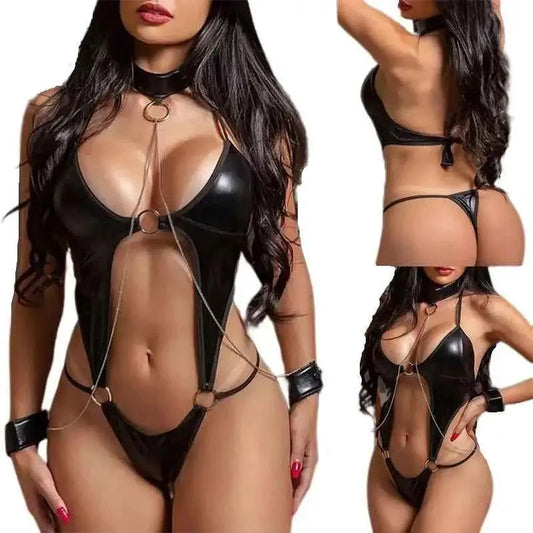 Latex Leotard Damen – Deep V Bodysuit mit Tanga - Schnitt - Erofantasy